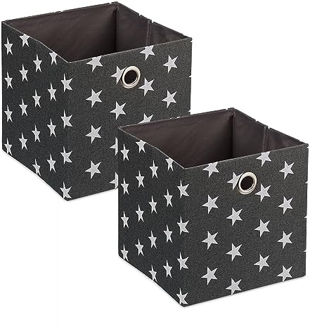 Relaxdays Aufbewahrungsbox aus Stoff, 2er-Set, weiße Sterne, HxBxT: 30,5 x 30 x 30 cm, faltbarer Regalkorb, grau/weiß