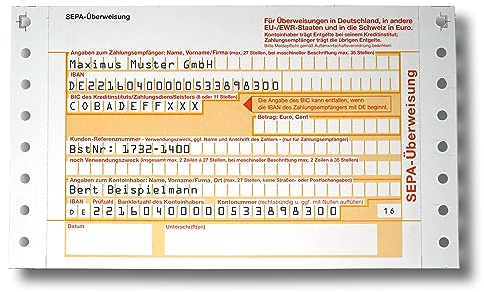 Litfax SEPA Überweisungsträger mit personalisiertem Überweisungsvordruck, 100 Stück - DIN A6, 2-fach mit Durchschlag, beidseitigem Führungslochrand, selbstdurchschreibend - Bankneutral in Deutschland