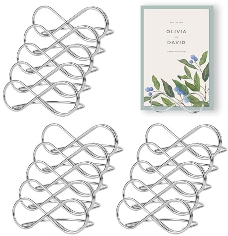 Encuryna Soporte para tarjetas de mesa de boda, 15 unidades, color plateado, números de mesa, etiquetas de asiento, clips para tarjetas, soporte para tarjetas de menú, decoración de mesa, boda,