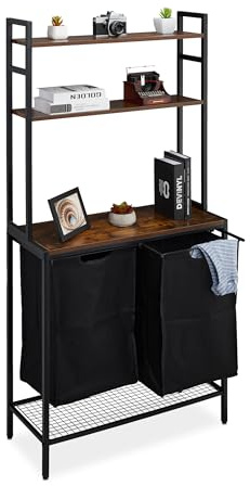 Relaxdays Wäschekorbregal, 2 ausziehbare Fächer, HBT: 162x80x34 cm, Ablagen, Wäschesammler, Wäscheablage, schwarz/braun | HBT: 162x80x34 cm, Ablagen, Wäschesammler, Wäscheablage