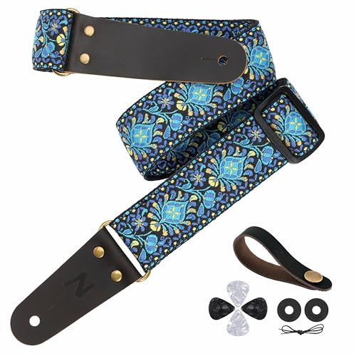 Nefelibata Gitarrengurt, 2 bestickte Gitarrengurte, Vollnarbenlederenden mit unsichtbarer Tasche, für Bass-, Elektro- und Akustikgitarren, kostenlose Schnalle, Gurtschloss und Plektren