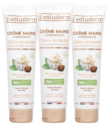 EVOLUDERM – Crème Mains Hydratante Délice de Karité – 150 ml – 96% d’Origine Naturelle – Végan – Fabrication Française – Lot de 3 x 150 ml