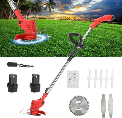 12V Metal Blade Strimmer | Cordless Grass Strimmer with 3 Types Blades | 2 2000mAh Batteries Rechargeable Telescopic Lawn Edge Cutter for Garden Lawn Red