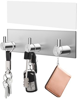 VIS'V Key Holder Wall Mount, Small Metal Self Adhesive Key Hanger with 3 Hooks, No Drilling, Extra Adhesive Strip, Silver