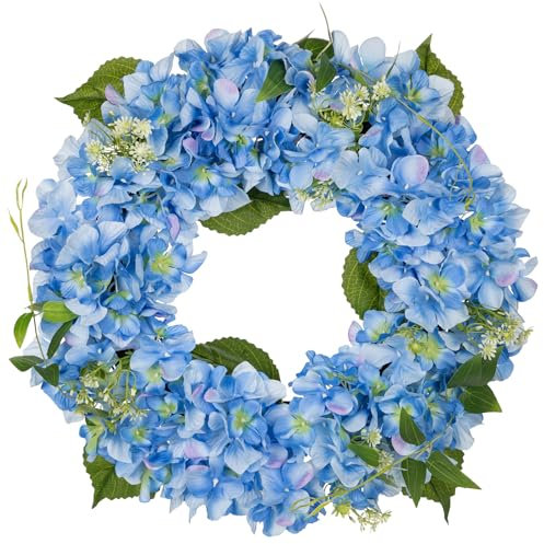 Hollyone 16'' Artificial Hydrangea Wreath - Blue Fake Flower Wreath, Faux Hydrangeas for Front Door, Floral Arrangements for Mantel, Kitchen, Farmhouse, Wall Decor