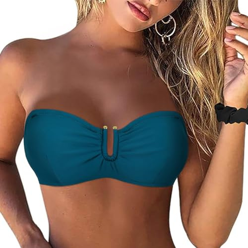 Firpearl Women's Underwire Swim Top Only Bandeau Swimsuit Push Up Strapless Bathing Suit Top Blue Coral US8