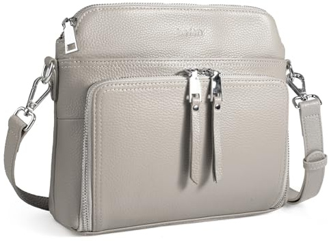 befen Echtleder Umhängetasche Damen RFID-Blockierung Handtasche Mittelgroß, Leder Crossbody Bag mit Integrierter Brieftasche, Schultertasche Damen Handytasche mit Verstellbar Schultergurt Grau