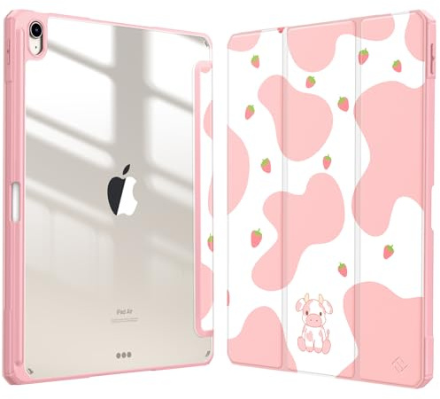 Fintie Schmale Hybrid-Schutzhülle für iPad Air 13 Zoll (M3) 2025, (M2) 2024, integrierter Stiftehalter, stoßfeste Abdeckung mit klarer, transparenter Rückschale, Erdbeerkuh