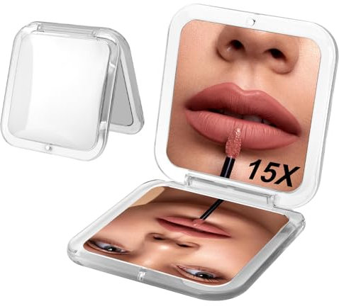 Leikedun Miroir de Poche Grossissant 15X/1X, Miroir Grossissant 15X pour Sac à Main, Miroir de Maquillage Compact pour Les Voyages, Petit Miroir de Poche Pliable et Portable, Carré 8,5 cm, Blanc