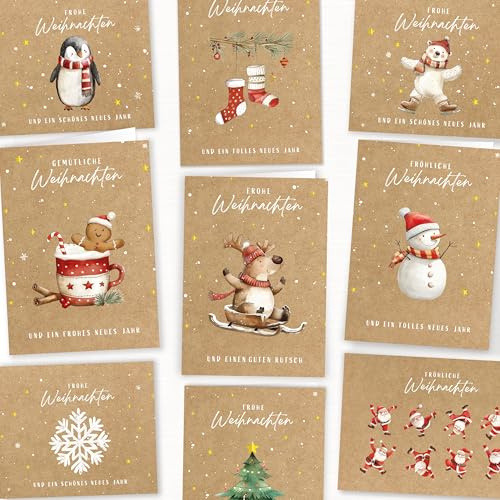 LOViLEE 10 x julkort inklusive extra kuvert och klistermärken i presentset – högkvalitativa fällbara kort till jul – julkort med kuvertset i premiumkvalitet – kraftpapper akvarell