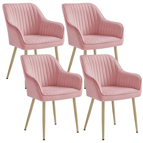SONGMICS Esszimmerstuhl, 4er Set, Polsterstuhl mit Armlehnen, Samt | Küchenstuhl, Sessel, Loungesessel, Metallbeine, bis 120 kg belastbar, pastellrosa-blassgold