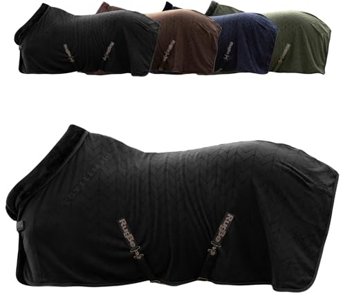 Covalliero - Fleecedecke | Pferde Abschwitzdecke | Transportdecke mit Brustschnalle, Schweifriemen & Kreuzgurten | super weich & atmungsaktiv | Pferdedecke in Black | Größe 155cm