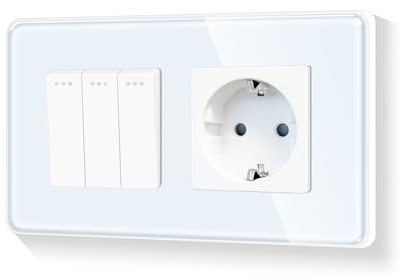 LIAONFOY Interruptor de luz redondo Schuko de 3 vías de 1 vía, empotrable, de cristal, interruptor de apagado con enchufe individual, color blanco, 110-250 V, 157 mm