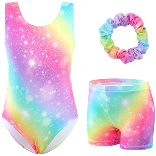 XiaoMoSha Girls Three-Piece Gymnastics Set Sleeveless Girls Leotards with Shorts and Hairband Glitter Multi Gradient Color Dance Ballet Unitards Gymnastics Outfits, Rainbow, 5-6 Years