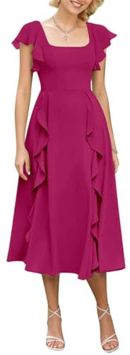 Vestidos de dama de honor de gasa para mujer con mangas, cuello cuadrado, volantes, acampanado, para invitada de boda, vestidos de noche formales, fucsia, 40