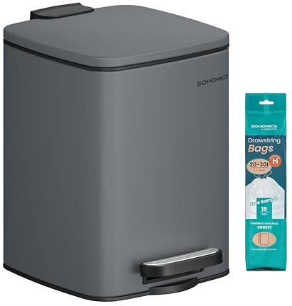 SONGMICS Pattumiera da Bagno, Cestino della Spazzatura Compatto da 6 L, Cestino a Pedale, per Piccolo Spazio, con Coperchio a Chiusura Morbida, in Acciaio, Grigio Ardesia LTB590G02