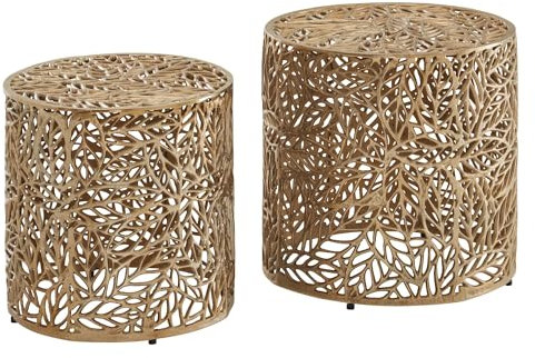 Beistelltisch 2er Set Aluminium Gold Design Satztisch Metall Rund | Wohnzimmertisch Couchtisch Blumen-Muster Modern | Sofatisch 2-teilig Wohnzimmer Floristisch