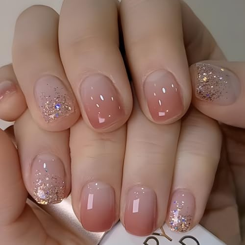Ceboic 24 Stück Rosa Glänzend Press on Nails Oval, Französische Nägel zum Aufkleben Full Cover Kunstnägel Natürlich Künstliche Nägel Kurz, Wiederverwendbar Acryl Fingernägel Fake Nails für Frauen