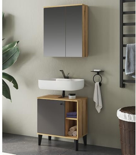 Lomadox Waschplatz-Set 2-teilig Waschbeckenunterschrank 60 cm, Spiegelschrank, in Eiche mit grau, modern