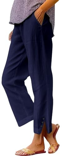 Prime of Day Deals 2025，Womens Linen Trousers with Elasticated Waist for Summer Cropped Trousers Wide Leg Lightweight with Pockets Casual Loose Holiday Beach Pants (Navy, M)
