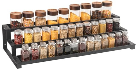 GOENDR Expandable Spice Rack(41-75 cm), 3 Tiered Spice Organiser for Inside Cupboard, Wall-Mountable Seasoning Organizer, Large Spice Jars Rack for Kitchen, Countertop, Pantry, Bathroom, Black