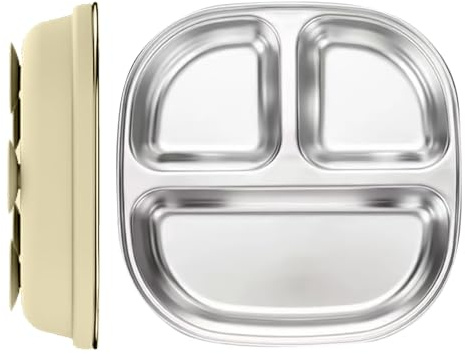 Kustimantu Piatto per bambini – Piatto per bambini in metallo con suddivisioni | Stoviglie riutilizzabili antiscivolo con ventosa e ciotola in acciaio inox per bambini e adulti
