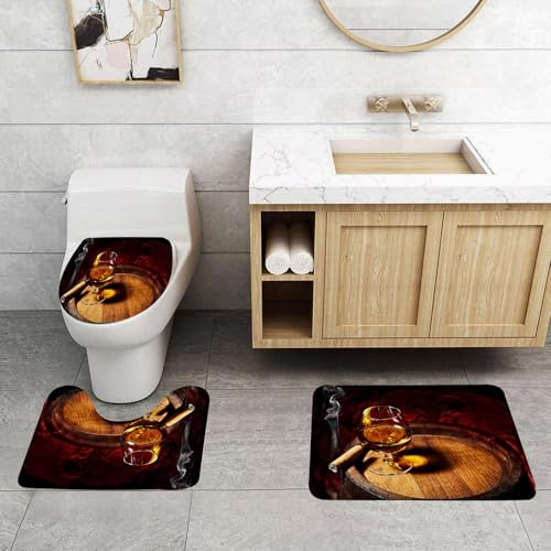 QRFASFZO Non Slip 3 Pieces Bath Mats and Toilet Mat Set Super Water Absorbent Bath Rug Shaggy Shower Floor Mats for Bathroom,Classic fusion, brandy reflecting in glass and cigar on old oak barrels