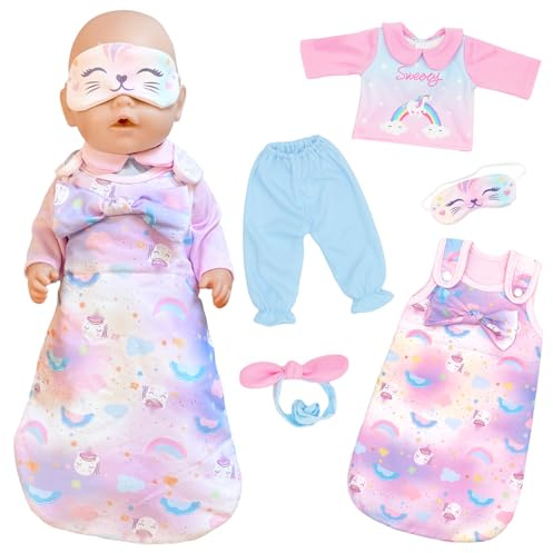 Baby Doll Clothes Pajamas for 14-17 Inch Baby Dolls, 35-43 Cm Cute Pink Pony Doll Clothes Outfits with Sleeping Bag + Eye Patch + Doll Pajamas + Pants + Headband, as a Gift for Girls