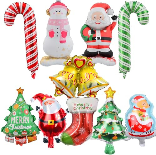 YUEcthynous Set di palloncini natalizi, 10 pezzi, palloncini natalizi, Babbo Natale, pupazzo di neve, bastoncini di Natale, palloncini per albero di Natale, decorazione per albero di Natale, festa