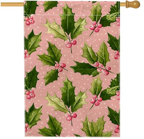 Bandiera per la casa di agrifoglio, motivo natalizio con bacche e foglie di pesca, su entrambi i lati, in iuta, per esterni, cortile, prato, patio, porta d'ingresso, 71 x 101 cm