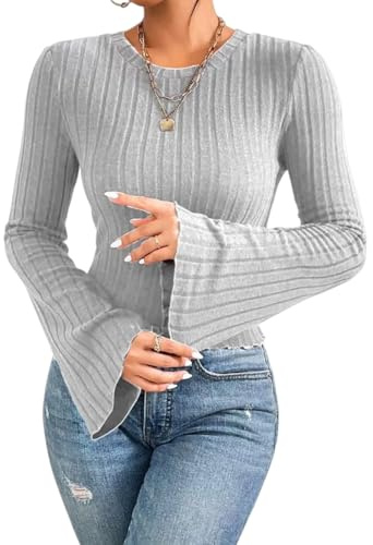 Sukiglam Maglioni Donna Maglia a Maniche Lunghe Elegante Girocollo Pullover Maniche a Campana Base Leggero Maglioncino Casual T-Shirt Y2K Tops Corto Morbido Maglietta Moda Camicia Autunno Inverno