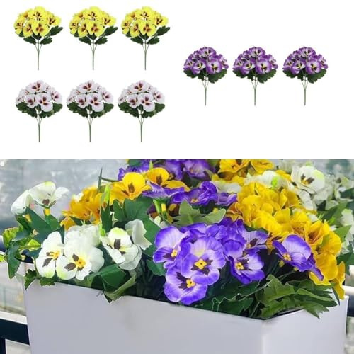 Helilyco Fiori finti viola del pensiero resistenti ai raggi UV, set da 9 pezzi per interni ed esterni, colore: giallo, viola scuro, bianco