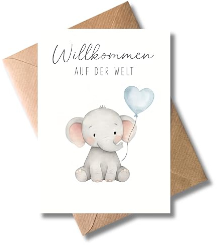WBdesignz Geburtskarte Wilkommen auf der Welt mit Umschlag - mit niedlichem Elefanten & Herzballon - süße Grußkarte für frisch gebackene Eltern - Unisex Babykarte zur Geburt (DIN A6)