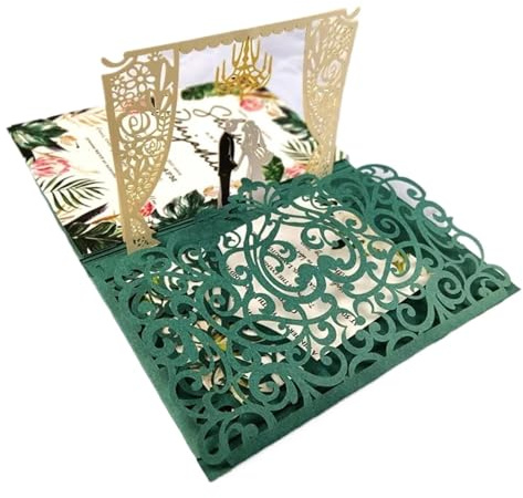 Hochzeitseinladung 3D-Pop-Up-Karte, dreifach gefaltete Tasche, Hochzeitseinladungskarte, lasergeschnittene Einladungsgrußkarte(Green)