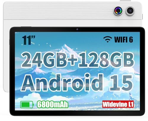 Android 15 Tablet 11 Pollici, Batteria da 6800mAh, 24GB+128GB+1TB Espansione, Display HD IPS 1280×800, WiFi 6 Bluetooth 5.3, Octa-Core, Doppia Fotocamera 5MP+8MP, Widevine L1, Face ID