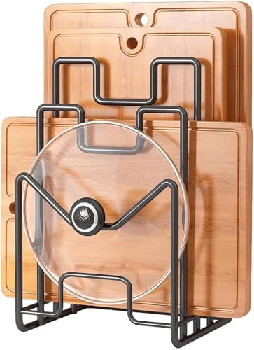 Gykutix Porta Taglieri Da Cucina in Metallo, Supporto per Taglier con 4 Scomparti per Coperchi Pentole, Spatole, Piatti, Teglie (Nero)