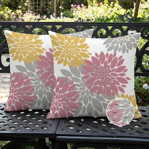 Ardjxue 2er Set Outdoor Kissenbezug 40 x 40cm Rosa Gelb Dahlien Kissenbezüge Sommer Sofakissen Herbst Deko Kissen wasserdichte Kissenhülle Moderne Dekorative Doppelseitig für Sofa Balkon Garten