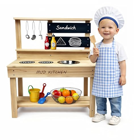Beipoo Mud Kitchen, Wooden Toy Play Kitchen Set, Fir Wood Play Kitchen for Kids with Water Sink, Blackboard and Kitchen Accessories for Boys and Girls Ages 3+