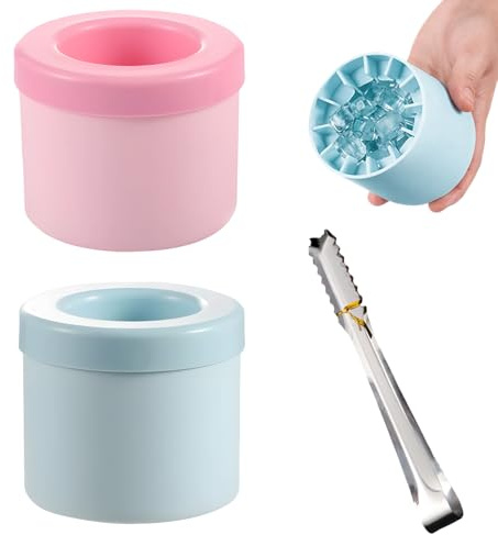 Small Ice Cube Tray, 2Pcs Mini Ice Cube Trays and 1Pc Tongs, Ice Bucket with Lid, Reusable Mini Ice Maker for Freezer Home Use, 7.5 x 6cm Silicone Cups with 12.5cm Tongs