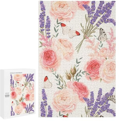 Lilac Floral, Peony and Particolored Butterfly Wooden Puzzles for Adults 1000 Pieces Home Decor Birthday Party Gift