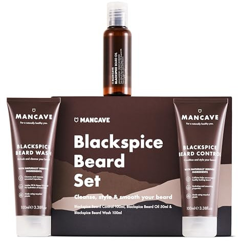 ManCave Blackspice Beard Gift Set with 3 Beard Grooming Essentials, For a thicker, more healthier beard, Vegan Friendly, Tubes made using Recycled Plastics, Made in England