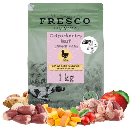 FRESCO Dog TrockenBarf für Hunde Junior Huhn 1kg | Für Welpen und Junghunde | Getreidefrei, zuckerfrei, 100% frische Zutaten | BARF Hundefutter trocken mit Kürbis, Topinambur & Blütenpollen