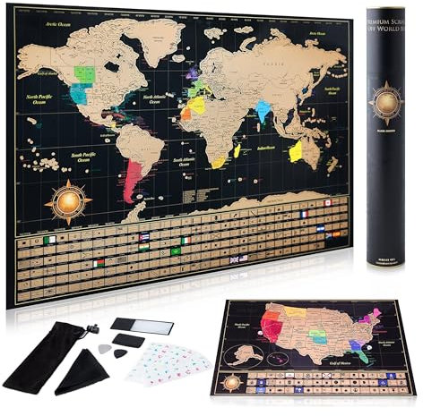 Rubbel-Weltkarte Poster + Deluxe USA Karte - Inklusive komplettem Zubehör Set & alle Länderflaggen - Premium Wandkunst Geschenk für Reisende