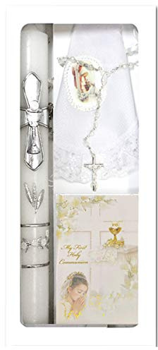 Lito First Communion Candle Set for Girls - White Silver Cross Candle Set Kit for Holy 1st Communion - Available in English or Spanish (English)