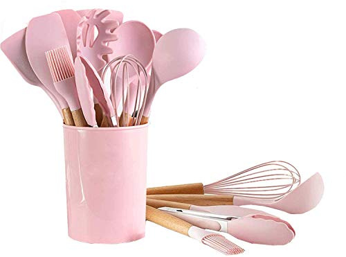 Hubei Utensilios de Cocina de Silicona Juego de utensilios de Cocina Manijas de Madera Resistente al Calor Gadgets de Cocina Gris Herramientas para utensilios de Cocina Antiadhesivos (Rosa-12pcs) | Pinzas giratorias