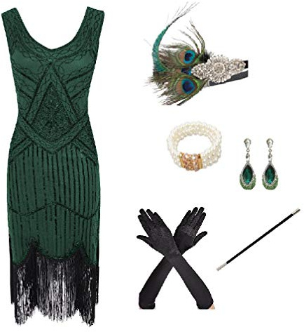 shoperama 20er Jahre Charleston Flapper Damen-Kostüm Grün Pailletten-Kleid mit Fransen und 5-tlg. Pfau Zubehör-Set