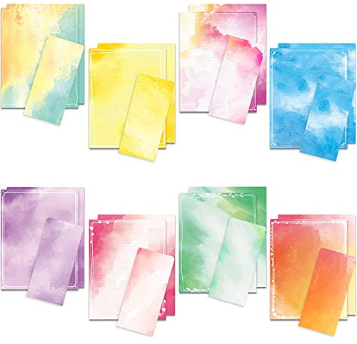 Watercolor Stationery Paper 48 Pieces (Lined) and Self-Sealing Envelope 24 Pc Set, 8.5“ x 11 US Stationary Size, 24lb/100gsm Heavy Weight Letter Writing Paper 8 Bright Color Stationary