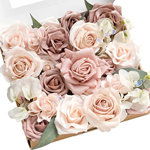 Ling's moment Dusty Rose Künstliche Blumen und Grün Combo Box Set, echte Touch Rose und lebensechte grüne Blätter für DIY Hochzeitssträuße und Blumenarrangements