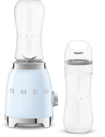 Smeg, Personal Blender PBF01PBEU, 2 Geschwindigkeitsstufen, Doppelklinge aus Edelstahl, 2 x 600 ml Flaschen inklusive, rutschfester Standfuß, integrierte Kabelaufwicklung, 300W, Blau