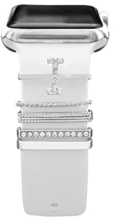 5 Pcs Breloques pour Bracelet Apple Watch 46mm 42mm 44mm 40mm 41mm 45mm 38mm 49mm Femme,Anneau Décoratif iWatch 10 9 8 7 6 5 4 3 SE/Galaxy Watch 7 6 5 4 Smart Watch Band Métal Brillant Accessoires